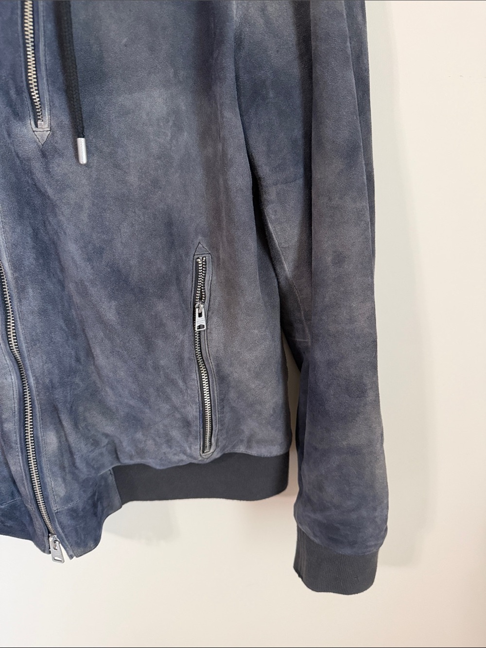 AllSaints Suede Goat Leather Bomber Jacket Hooded Size Large - Picture 3 of 10